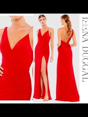 Mac DuggalRed V-Neck Evening Gown with Pearl-Strap 265321